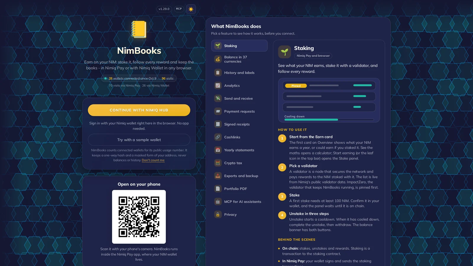 NimBooks landing page with its feature explorer open on Staking