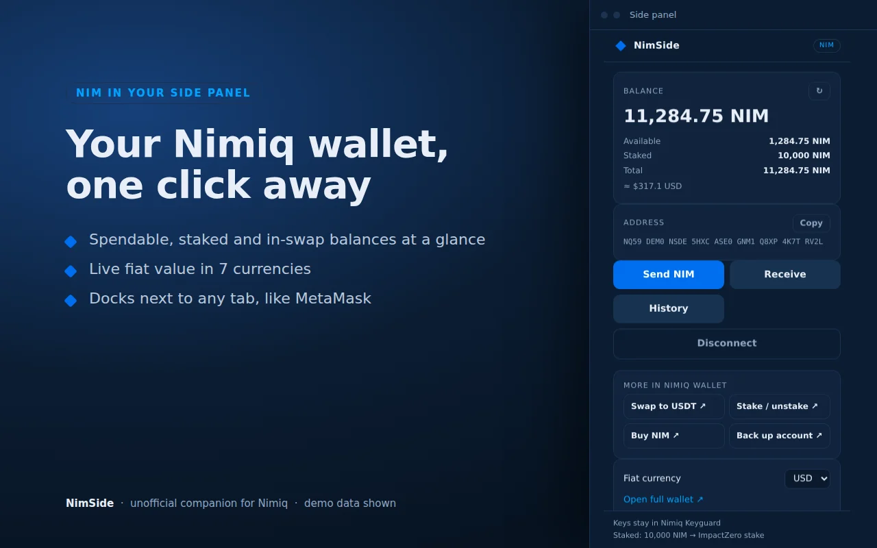 NimSide's balance view in Chrome's side panel: available, staked and total NIM with a USD value. Demo data.