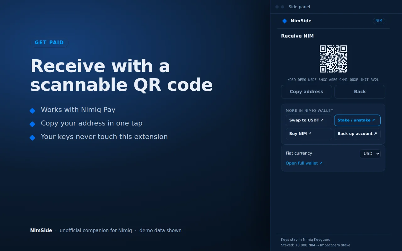 NimSide's receive view in Chrome's side panel: a scannable QR code for the wallet address, with a copy address button. Demo data.