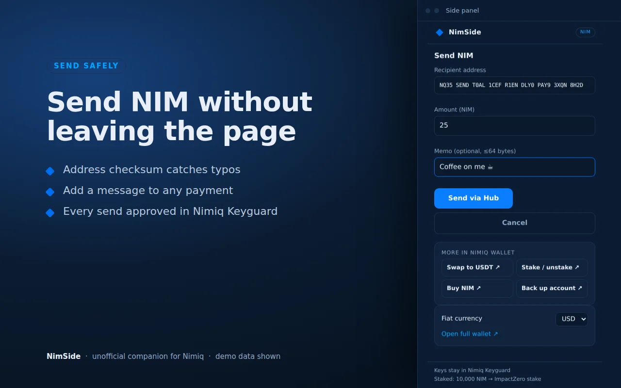 NimSide's send view in Chrome's side panel: a recipient address, an amount in NIM, an optional memo and a Send via Hub button. Demo data.