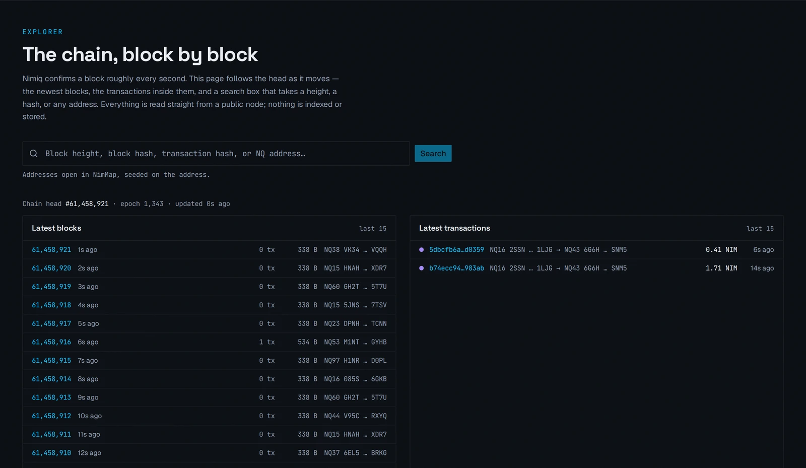 The explorer listing the newest Nimiq blocks and transactions